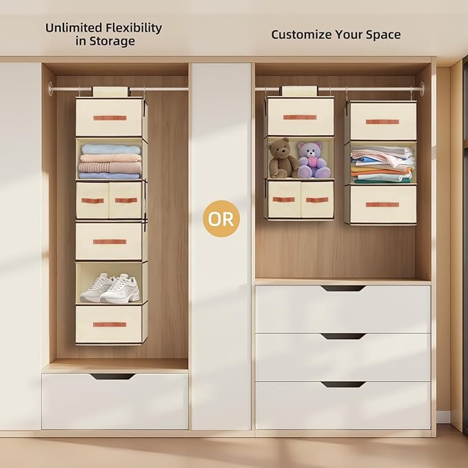 Hanging Closet Organizer 6-Shelf, Upgrade Closet Organizers and Storage with 5 Removable Drawers & 4 Side Pockets, Hanging Shelf Organizer for Closet or Garment Rack, 12.6'' x 12.6'' x 44.1'', Beige