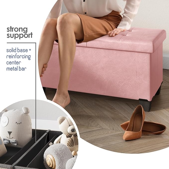 Storage Ottoman Bench with Bins, 43-in Storage Bench for Bedroom End of Bed, Folding Foot Rest Ottoman for Living Room Max 660lbs, Leather Ottomans, Pink