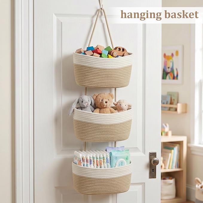TeoKJ Over the Door Hanging Basket, 3-Tier Woven Cotton Wall-Mounted Storage Organizer Bag Decorative Hanging Nursery Baskets, White & Jute