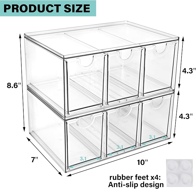 Prsildan Tea Bag Organizer K Cup Holder Drawer Coffee Pods Storage, 2 Pack | Clear Acrylic, Stackable, Pull Out, For Kitchen Office Craft Art Supplies Hair Accessories Makeup Small Items