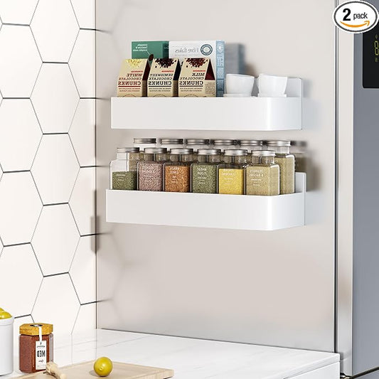 Mystozer Magnetic Spice Rack for Refrigerator, Kitchen Organizer and Storage Shelf, White (2 Pack)…