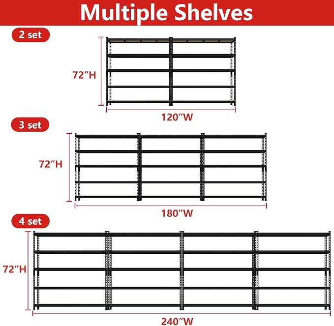 PrimeZone 60" W X 24" D X 72" H Heavy Duty Garage Storage Shelves, 3000 LBS | 5 Tier Adjustable Metal Shelf, 15 Support Beams, Solid Steel Frame, Freestanding, Storage for Basement, Warehouse, 3 Pack