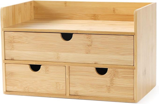Bamboo Desk Organizer with Drawers, 3-Drawer Desktop Storage Box | 3 Drawers Open Top Tray Fully Assembled Stores Pens, Notes, Makeup, Jewelry & Toiletries for Office, Vanity & Bath
