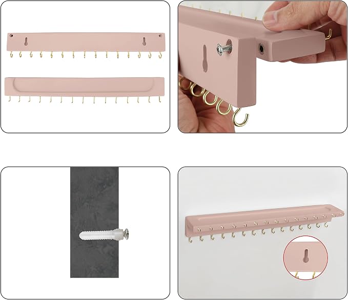 YYILIS Necklace Holder, Upgraded Extra Large Wall Necklace Organizer with 30 Hooks Wall Mounted Necklace Hanger with Jewelry Tray/Cosmetics Shelf Rustic Pine Wood Holder (Pink) | 30 Hooks Wall Mounted Necklace Hanger with Jewelry Tray/Cosmetics Shelf R...