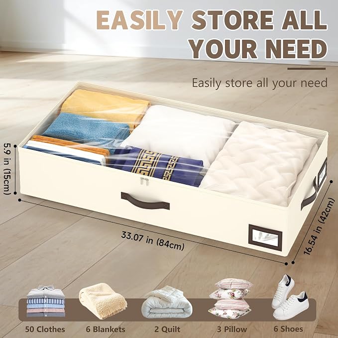OIAHOMY 2 Pack Under Bed Storage with Handles, Underbed Container for Bedroom & Closet, Fits Beds Higher than 6", Under the Bed Storage for Seasonal Clothes, Blankets & Shoes - Beige
