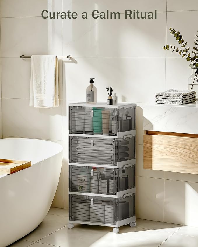 23QT Stackable Storage Bins with Lids and Wheels, 4 Tier 92QT Foldable Plastic Storage Drawers with Magnetic Doors, 4 Pack Collapsible Closet Organizer for Bedroom Office, Clear Gray