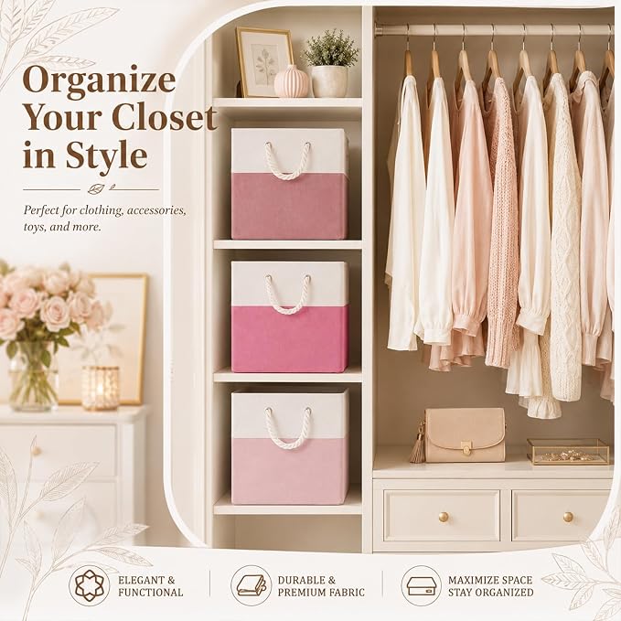 Geiserailie 6 Pcs 13 x 13 Inch Cube Storage Bins Fabric Storage Organizer Bins Foldable Cube Baskets with Sturdy Carry Handles Wicker Baskets for Home(Pink, Color Block)