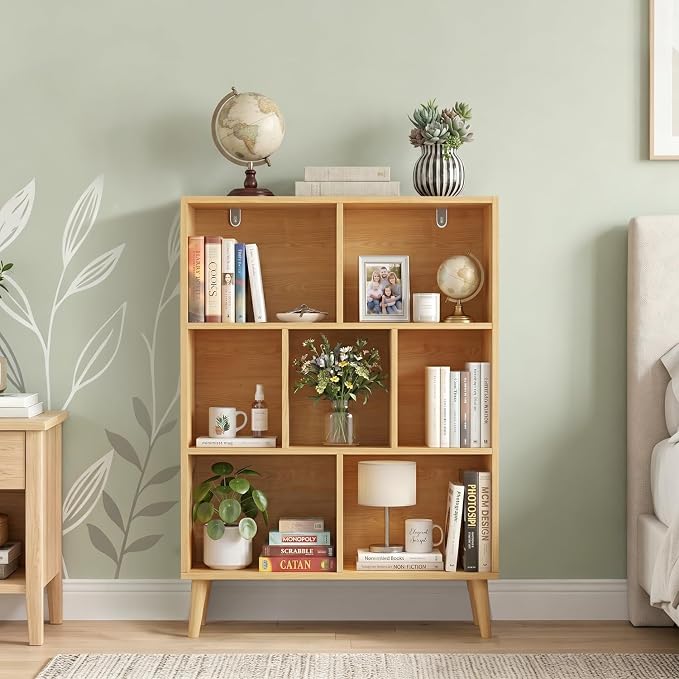 7 Cube Storage Organizer Shelf，Open Cube Bookshelf with Legs | 3 Tier, Mid-Century, Heavy Duty, Modern Bookcase, Display Shelf, Living Room, Bedroom, Office, Deep Natural