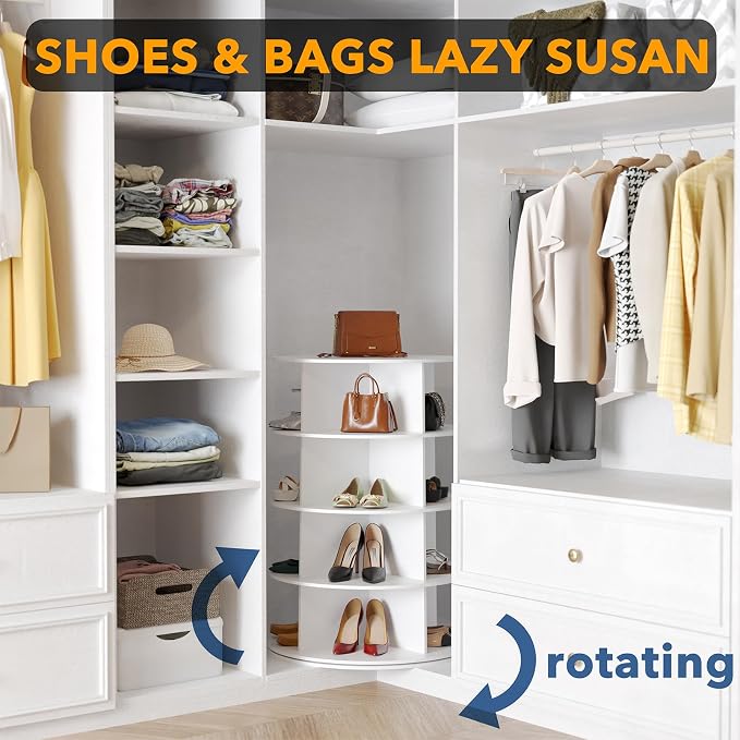 SpaceAid 4 Tier Rotating Shoe Rack Tower, Spinning Shoe Display Lazy Susan, Revolving 360 Shoe Rack Storage Round Carousel, Vertical Handbag Rotate Shoes Closet Organization (4-Tier White)