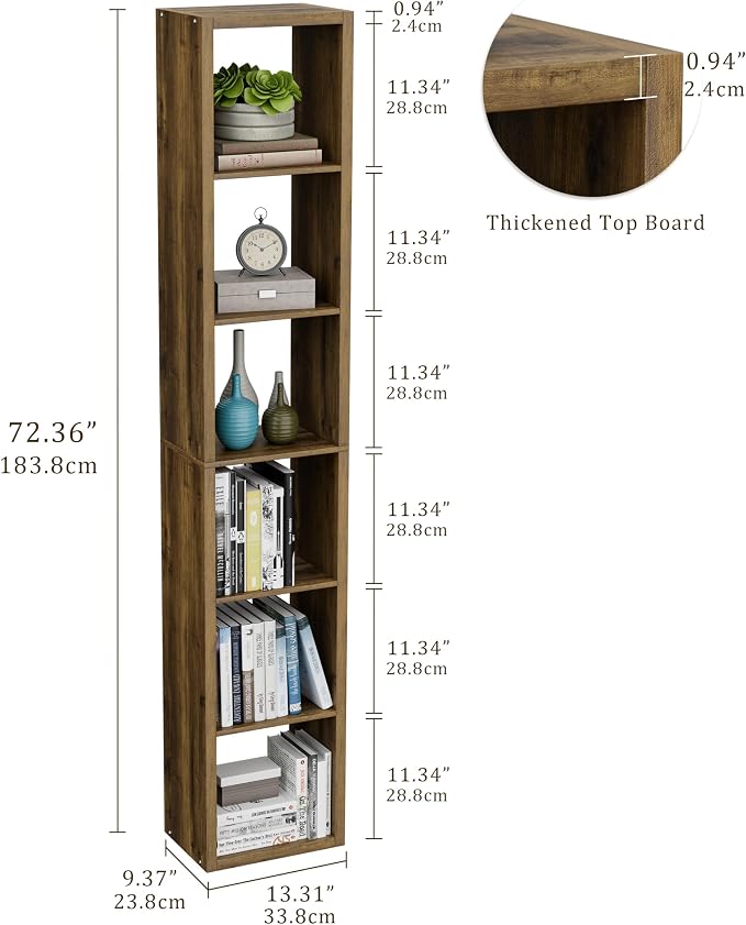VDNEND Cube Storage Organizer Bookcase, Decorative 11 inch Open Back Cubical Shelf with Thickened Border, Display Bookshelf for Living Room, Home Office, Sturdy Room (Brown, 6 Cube,Vertical)