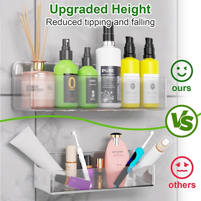 Adhesive Shower Caddy Shower Shelves Bathroom Organizer and Storage | 6 Pack，Rustproof，No Drilling，with Soap Holder，Clear，Acrylic， Large Capacity，Removable and Reusable，Plastics，Wall-Mounted