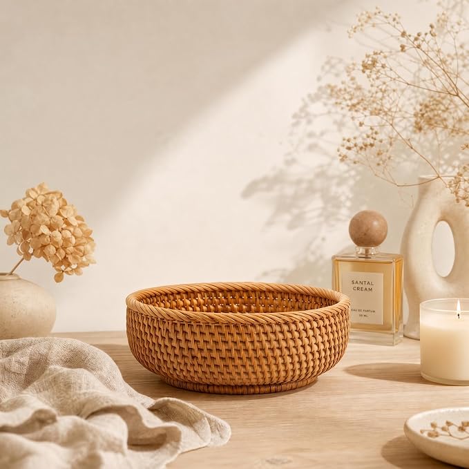 7.9" Small Round Rattan Basket - Wicker Organizer Basket, Handwoven Storage for Keys, Jewelry, Desk, Tabletop, Entryway Decorative Basket Boho Tray (S, 7.9" x 2.6")