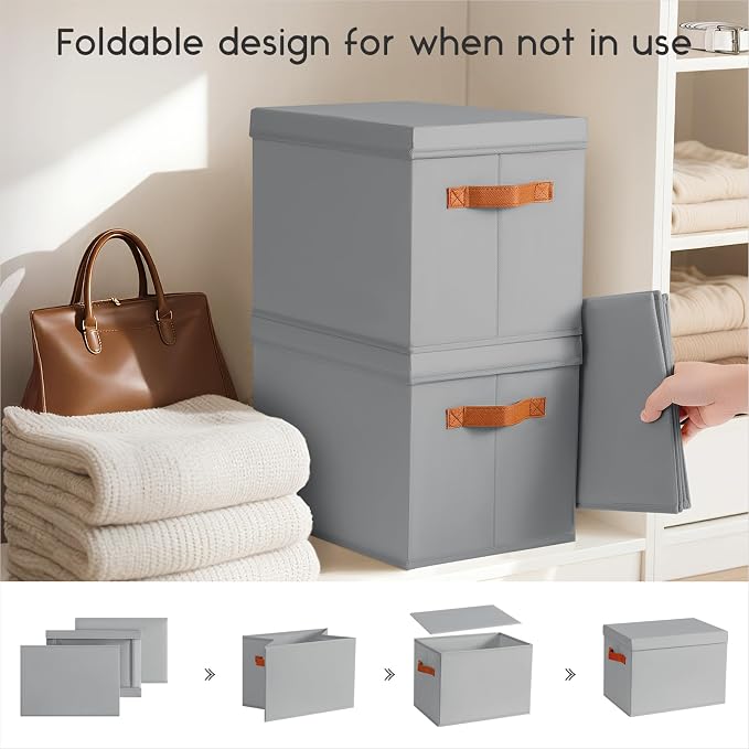 Homsorout Storage Bins with Lids - Large Fabric Closet Bins with Lid, 8 Pack Clothes Organizers and Storage, Collapsible Stackable Cube Basket for Home, Office, Dorm, Grey