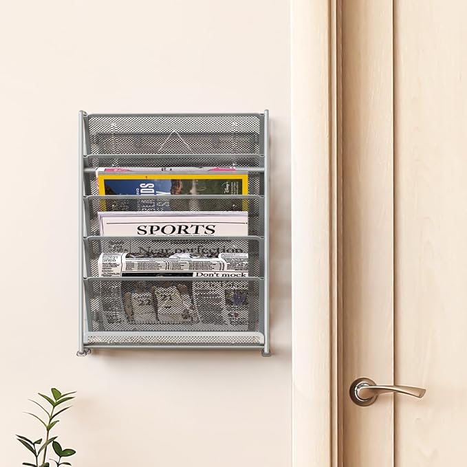 Simple Houseware 6-Tier Wall Mount Document Letter Tray Organizer, Silver | 5 Tilted Trays + 1 Flat Bottom Tray, Wall Mount Hardware Included