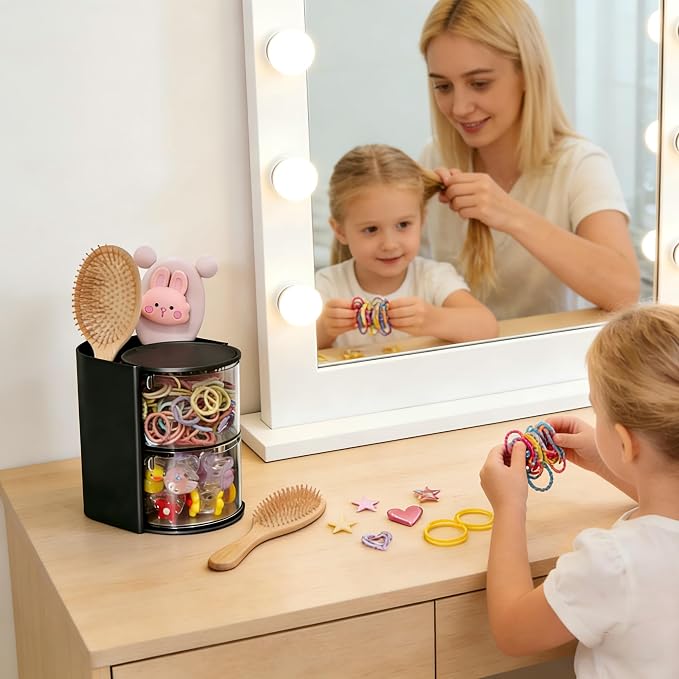 Azurphoric Hair Accessories Organizer with Hair Brush Holder(Black,2-Layer) | Rotatable Makeup Brush Holder for Necklaces, Earring, Bracelet, Ring, Makeup Brushes, Hair Clip and Hair Accessories