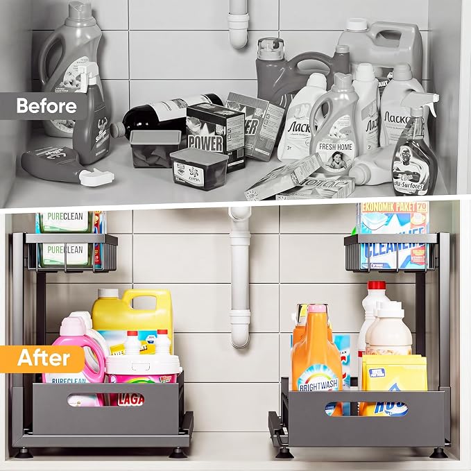 Saydear 2-Pack L-Shaped Under Sink Organizer, 2-Tier Pull-out Cabinet Rack | Black Height-Adjustable Steel Rack, Sliding Grid Drawers with PP Liners, Holds 100 Lbs, Suction Base, Ideal Kitchen Storage