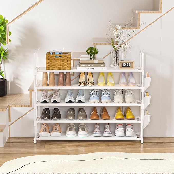 OYREL 5 Tier Shoe Organizer, 33.3in Wide x 11.2in Deep x 35.6in Tall, Black Metal and Plastic Shoe Rack with Side Bag, Holds 20-25 Pairs of Shoes | Closet, Entryway, Garage, Door Entrance, Space Saving Shoes Holder Stand, Sturdy Metal Free Standing She...