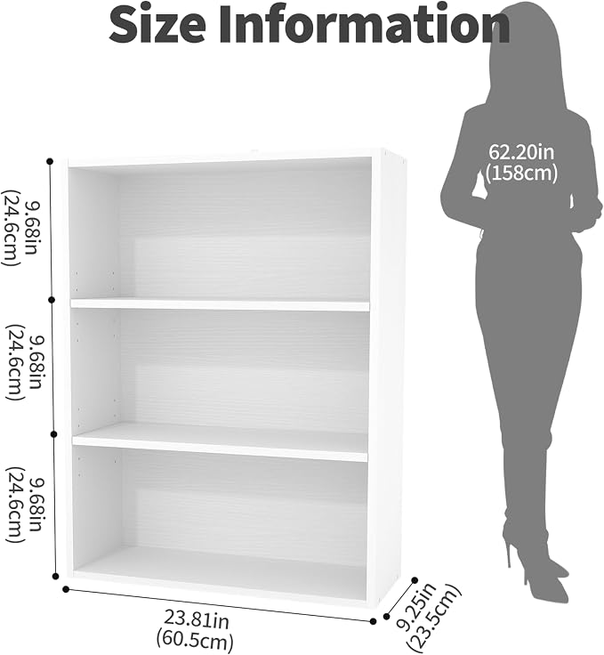 HealSmart 3 Tier Bookcase, Industrial 3 Book Shelf, 9.2" D x 23.8" W x 31.5" H Tall Open Cube Storage Organizer for Home Office, Living Room, Bedroom and Dinning Room, White