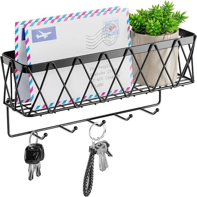 Key Holder Wall Mount Adhesive- Key and Mail Holder for Wall with 5 Hooks, Wall Mounted Mail Organizer and Key Rack, Modern Basket Key Hanger for Entryway, Home, Living Room Wall Decor, Black