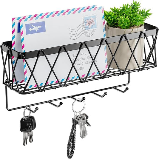 Key Holder Wall Mount Adhesive- Key and Mail Holder for Wall with 5 Hooks, Wall Mounted Mail Organizer and Key Rack, Modern Basket Key Hanger for Entryway, Home, Living Room Wall Decor, Black