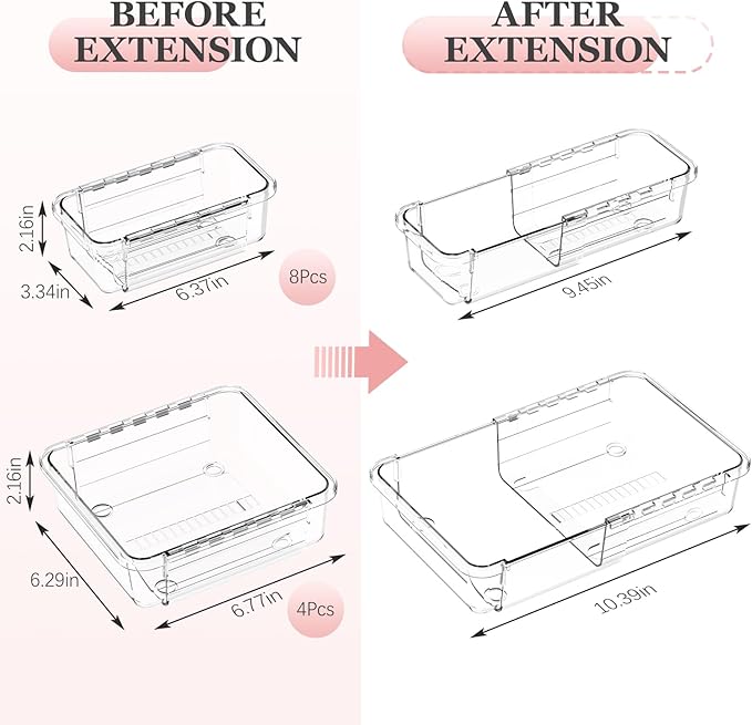 DILIBRA 12 Pcs Clear Extendable Drawer Organizer, Adjustable Drawer Storage 2-Size Desk Drawer Organizer, Plastic Non-Slip Storage Bins for Makeup Cosmetic Jewelries Utensils Stationery Dressers