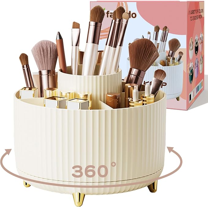 fanado 360° Rotate Makeup Brush Holder Organizer, Makeup Organizers Countertop, Makeup organization and Skincare Storage for Vanity, Desktop, Bathroom (Ivory)