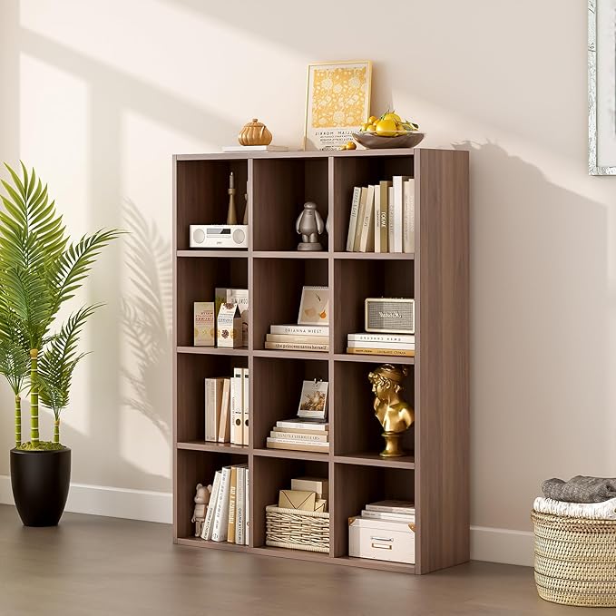 OSCHF 12-Cube Storage Shelf Bookcase, Walnut | Wooden 3-Tier Open Bookshelf, Fits 11×11" Bins, Vertical or Horizontal Use, Full Back Panels, For Home Office