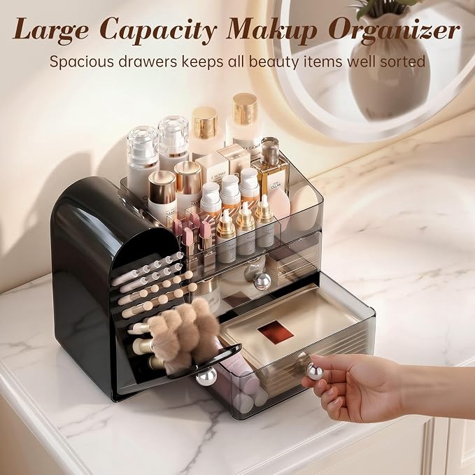 Delamu Makeup Organizer for Vanity with Closed Brush Holder, Large Bathroom Counter Organizer with Drawers, Skincare Organizers for Countertop, Storage Perfume Cosmetic Lipstick Beauty (Black)