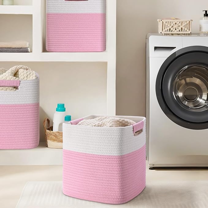 13 Inch Storage Cubes, 3 Pack Cube Storage Bins for Organizing, Cotton Rope Woven Baskets for Shelves, Bathroom, Kids Room, Closets, Baby Nursery