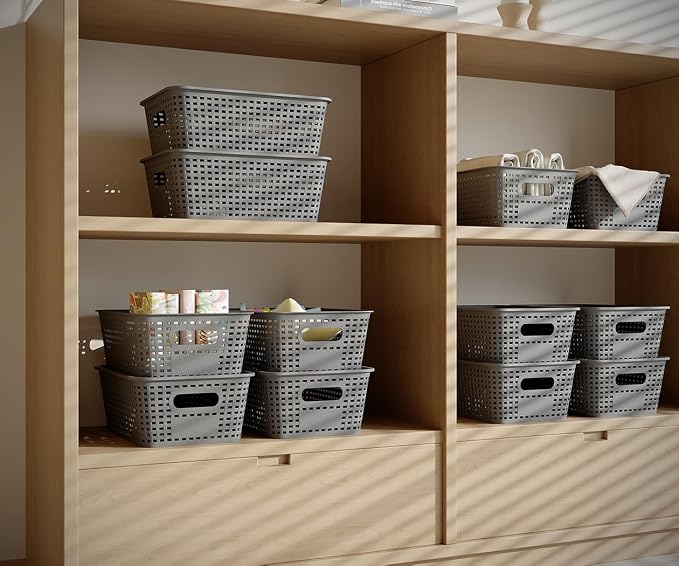 Resze 6 Pack Plastic Breathable Storage Baskets with Lids, Gray | Organizer Bins& Containers for Pantry, Desktops, Cabinet, Closet, Offices Organization Toys, Space Saving, Easy-Carry Handles