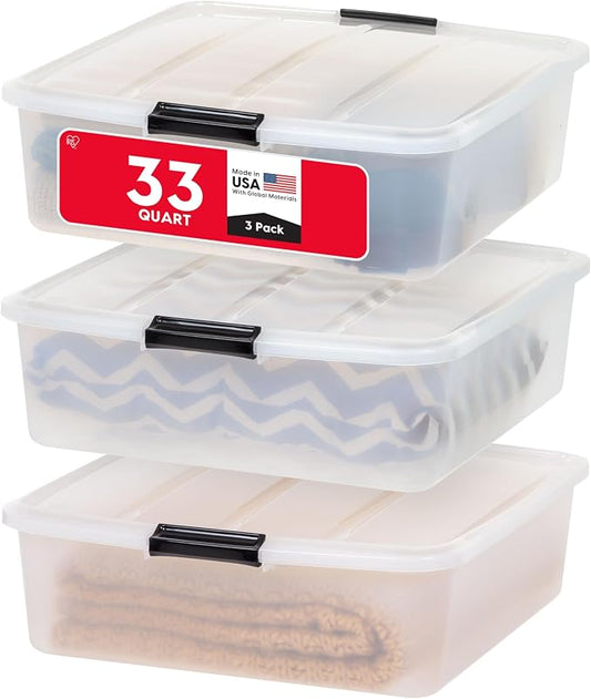 IRIS USA 3-Pack, 33 Qt. Under Bed Storage Bin with Lids, Clear | Store seasonal clothing, shoes, blankets, linens and household essentials neatly under beds to maximize storage space