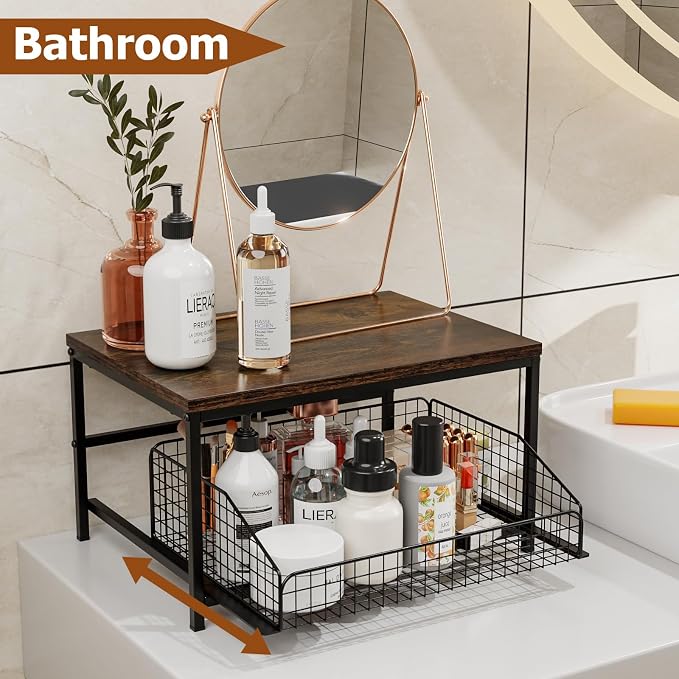 KLM Pull Out Spice Rack Organizer for Cabinet,Rustic Wood Top with Wire Basket Storage,Kitchen Countertop Organizer and Storage for Pantry, Counter top,Coffee Station Wood. (Brown)