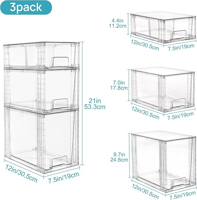 Vtopmart 3 Pack Clear Stackable Storage Drawers,Easy to Assemble Bathroom Organizers and Storage with handles,Plastic Drawers for Kitchen Pantry,Cabinet,Under Sink Organization | Tall, Medium and Small Pull-Out PET Drawers with Stackable Design for Bat...