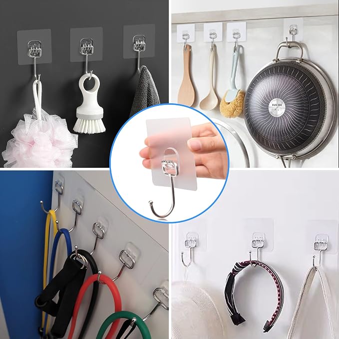 Antimbee 50 Pack Clear Adhesive Hooks, 37lb(Max) Heavy Duty Self Adhesive Hooks, Sticky Wall Hook with No Damage and Quick Assembly, Waterproof Bathroom Kitchen Wall Accessories Hanger and Holder