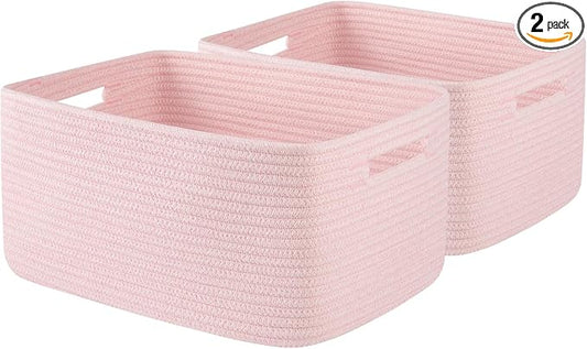 OIAHOMY Storage Basket for Shelves, Closet Cube Storage Bins Baskets for Clothes Blanket Towels, Baby Nursery, Toy Baskets Box, Woven Rope Basket, 15.75 * 11.81 * 7.09 IN, 2 Packs Mixed Pink