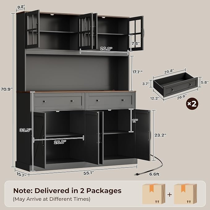 71''H x 55.1''W Pantry Cabinet with Charging Station, 4 Wide Cabinets Kitchen Pantry with 2 Drawers, Farmhouse Hutch Storage Cabinet, Tall Coffee Bar, Acrylic Door, Adjustable Shelves, Black
