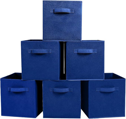 PowerKing Collapsible Storage Cubes, Farbic Storage Bins, Dark Blue, 6Pack | Sturdy, Lightweight, Easy Pull Handle, Closet & Shelf Organizer, Clothes and Toys Storage, 10.5'' x 11'' x 10.5''