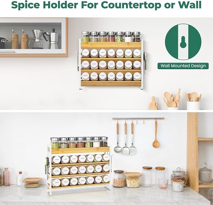 EsLuker.ly Spice Seasoning Rack Organizer Kitchen Countertop, 4 Tier Bamboo | Shelf Holder Storage with 4 Hooks, Wall Mounted Freestanding Stand for Pantry, Quick Spice Access(Jars Not Included), White