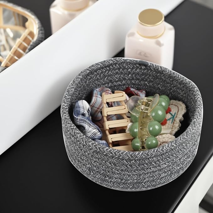 Small Woven Cotton Rope Baskets, Set of 3, Grey | Mini Round Baskets, Gift and Storage Baskets, Nursery Organizer, Bathroom Countertop Bins, Decorative Boho Decor