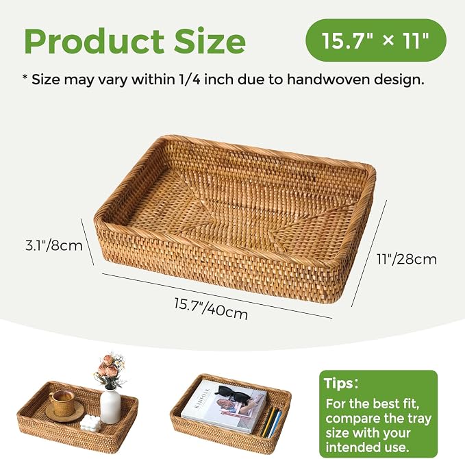 Large Rattan Serving Tray, Rectangle Wicker Storage Basket for Organizing | L(15.7" × 11"), Natural Rattan, Decorative Woven Tray Wicker Basket for Storage, Home Decor, Bathroom