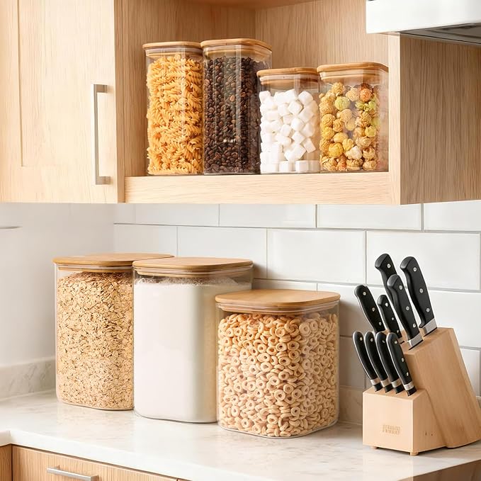 Glass Flour Containers with Bamboo Lids 1.6/4.6 Qt 2 Pack | Wide Mouth, Scoop Included, Kitchen Organizer，Flour Sugar Coffee Beans Pasta Cereal Dry Food Storage