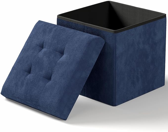 Folding Storage Ottoman Bench, Navy Blue, 15 Inches | Multi-Functional Ottoman Foot Rest, End of Bed Bench, Storage Chest, Living Room, Bedroom, Hallway, Entryway, 300 lb Capacity