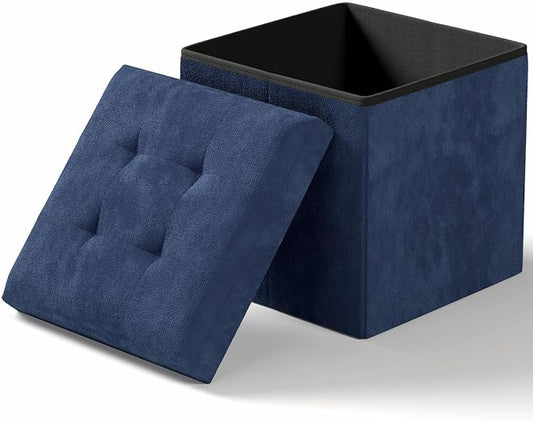 Folding Storage Ottoman Bench, Navy Blue, 15 Inches | Multi-Functional Ottoman Foot Rest, End of Bed Bench, Storage Chest, Living Room, Bedroom, Hallway, Entryway, 300 lb Capacity