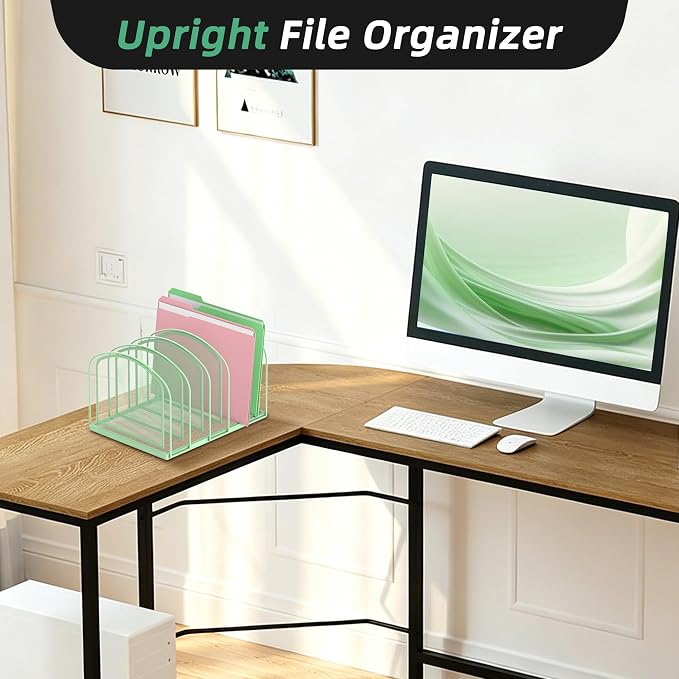 5-Section File Organizer for Desk, Metal File Folder Holder, Mint Green | 5 Vertical Compartments with Sturdy Metal Base for Office Documents Books Magazines and Laptop