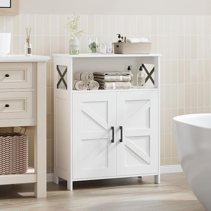 Homhedy Farmhouse Bathroom Storage Cabinet with Doors, Small Floor Cabinet | Toilet Paper Cabinet with Adjustable Shelf, Freestanding Storage Cabinet for Kitchen/Laundry/Living Room, 24"W, White