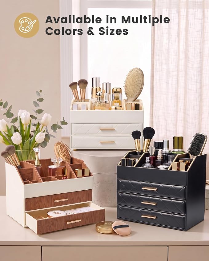 Lolalet 4-Layer PU Leather Makeup Organizer for Cosmetic Vanity -Beige | Large Bedroom Dsek Countertop Cosmetic Organizer with Brush Holder, Skincare Storage for Lipsticks, Nail Polish, Perfume