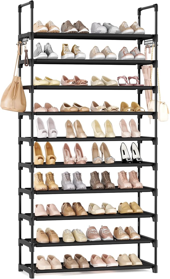 LANTEFUL Upgraded Shoe Rack for Closet Large Capacity 10 Tier Shoe Storage Holds 40–50 Pairs Sturdy Shoe Organizer with 10 Hooks for Entryway, Bedroom, Garage, Black