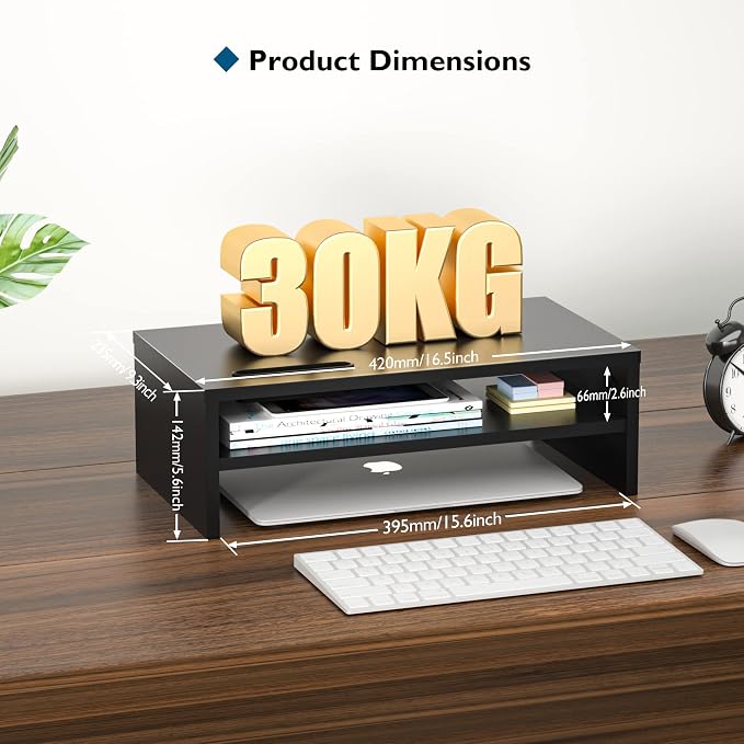 BONTEC Wooden Monitor Stand Riser for Desk, 2-Tier Computer Monitor Stand | 66 lbs Desk Shelf Organizer with Storage, Laptop & Printer Stand with Phone Holder and Cable Management, Black, 16.5 Inch