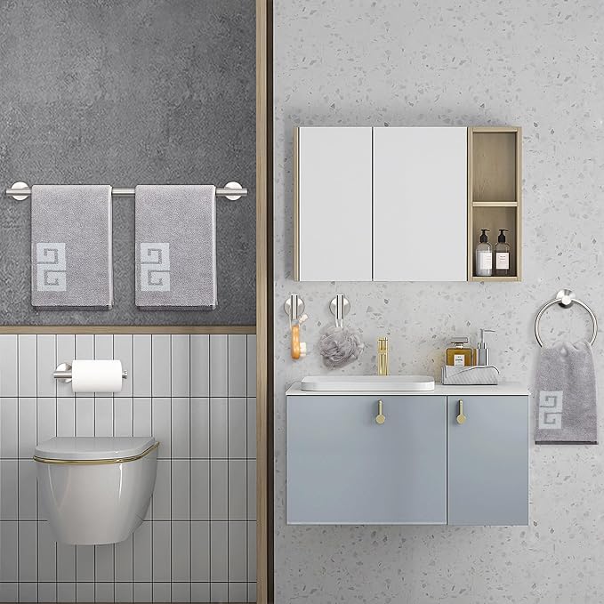 NearMoon 10 Pieces Bathroom Hardware Set SUS304 Thicken Stainless Steel-Towel Rack Kit Include 26" Towel Rod + Bath Towel Ring + Toilet Paper Holder + Robe Towel Hooks Bath Accessories (Nickel)