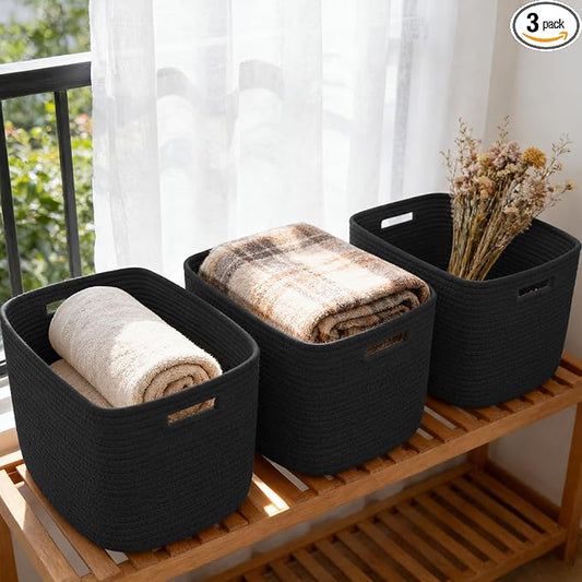 3 Pack Woven Baskets,Storage Baskets for Shelves with Handles | 13.5"×11"×9.5",Closet Baskets,Gift Basket,Nursery Organizer for Toys Towels Books,Storage Bin for Living Room Bedroom-Black